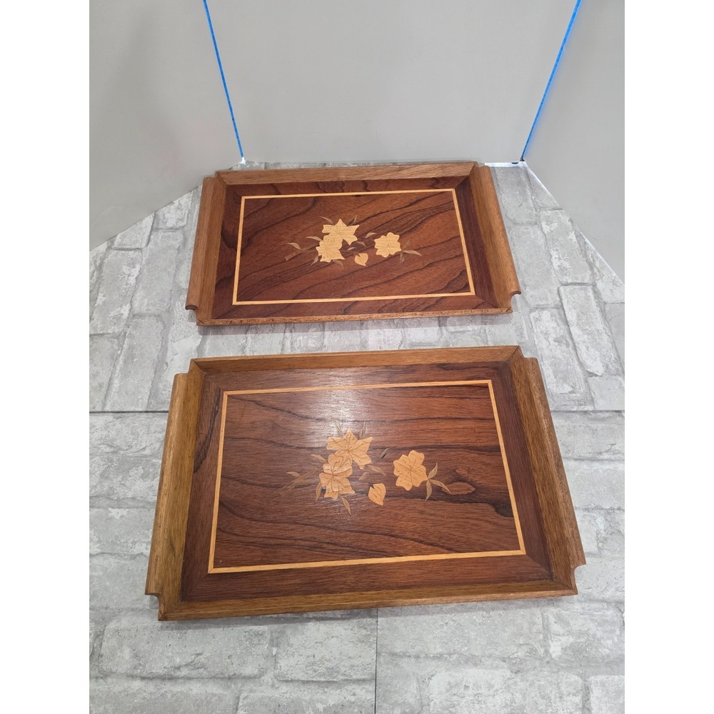 2‎ Vintage Mid Century Riekes Crisa Wood Inlay Tray Spline Joints Flower Motif